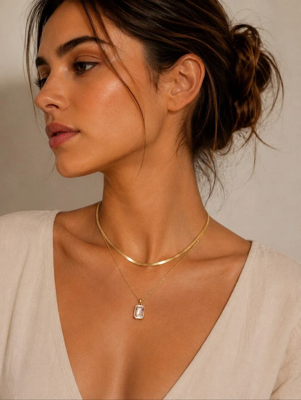 Stainless steel gold tone layered crystal necklace